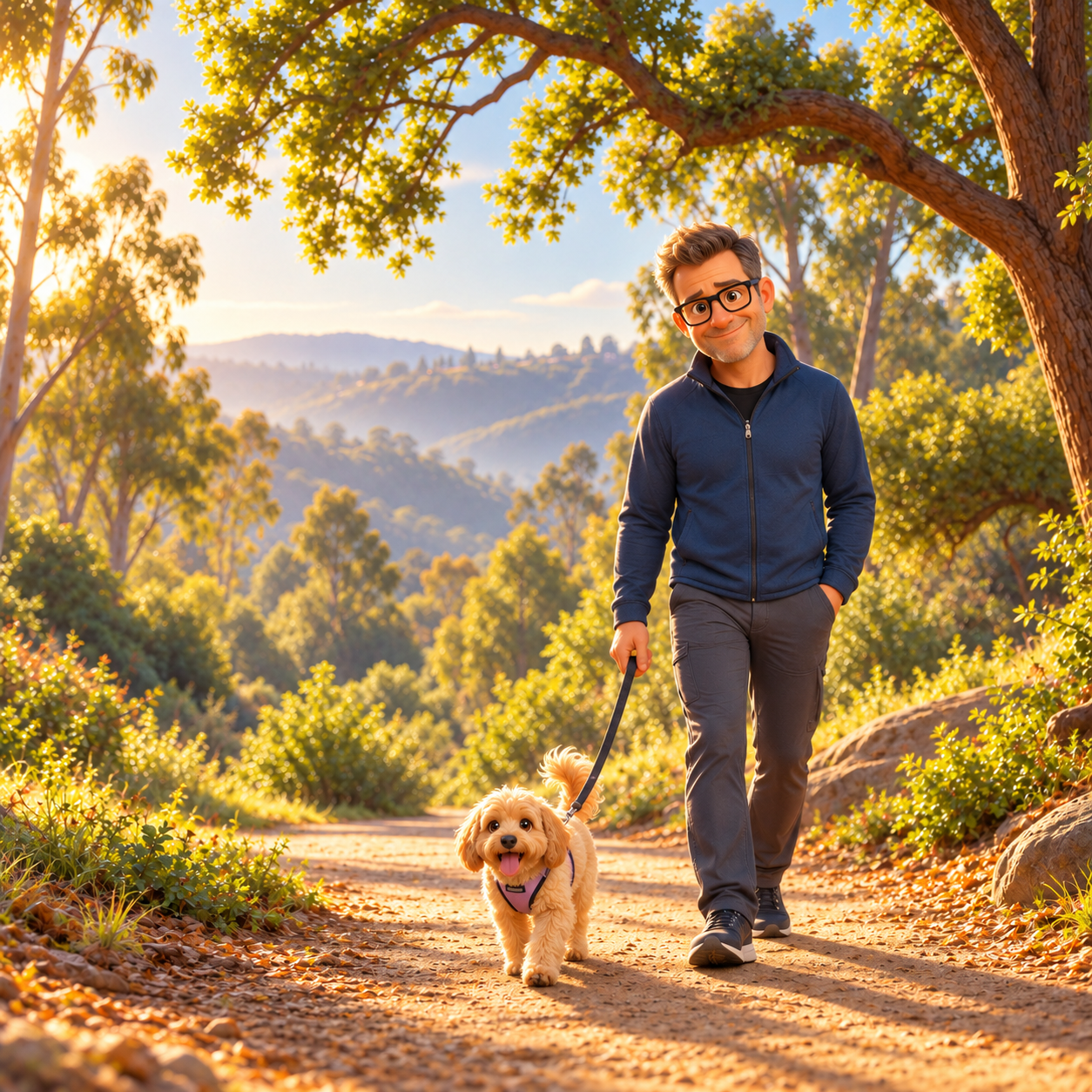 Animated Ben walking Pixie on a sunlit nature trail